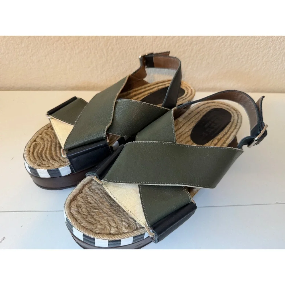Marni Olive Green Leather Espadrille Platform Slingback Sandals Striped Trim